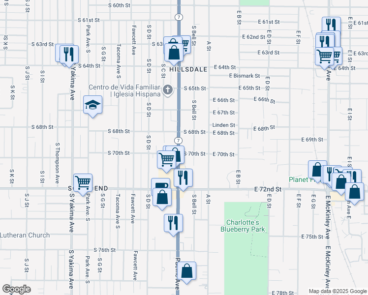 map of restaurants, bars, coffee shops, grocery stores, and more near 6819 Pacific Avenue in Tacoma