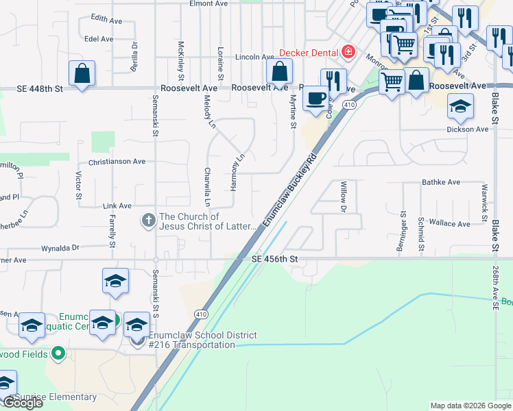 map of restaurants, bars, coffee shops, grocery stores, and more near 313 Johnson St in Enumclaw