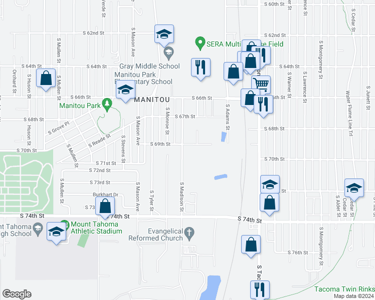 map of restaurants, bars, coffee shops, grocery stores, and more near 6905 South Madison Street in Tacoma