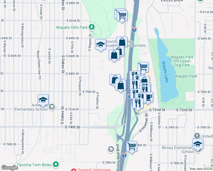map of restaurants, bars, coffee shops, grocery stores, and more near 6830 Tacoma Mall Boulevard in Tacoma