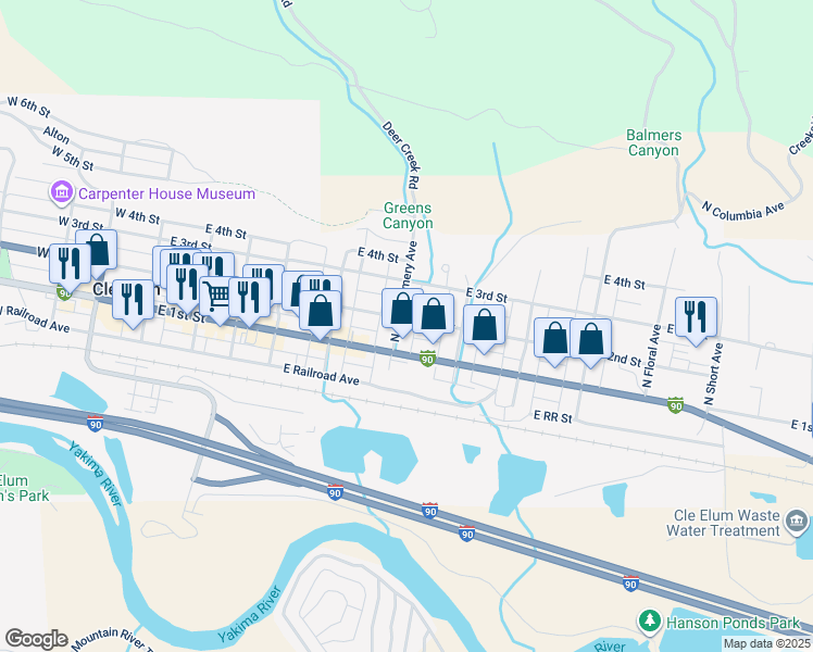 map of restaurants, bars, coffee shops, grocery stores, and more near 604 East 2nd Street in Cle Elum