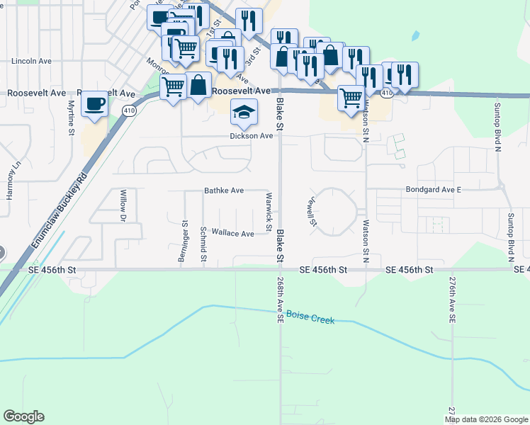 map of restaurants, bars, coffee shops, grocery stores, and more near 403 Warwick Street in Enumclaw