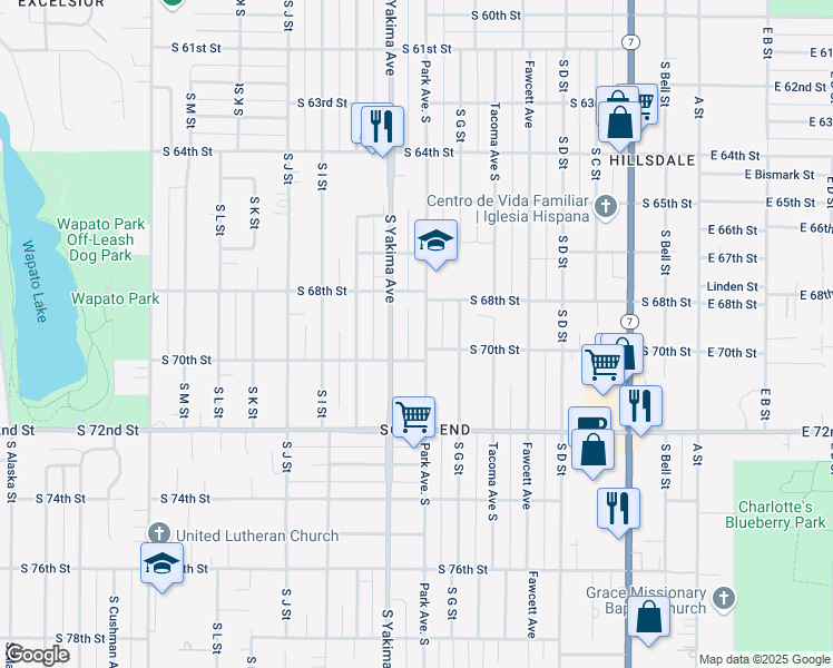 map of restaurants, bars, coffee shops, grocery stores, and more near 6830 South Park Avenue in Tacoma