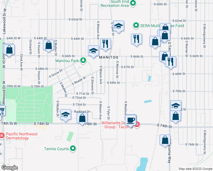 map of restaurants, bars, coffee shops, grocery stores, and more near 6906 South Tyler Street in Tacoma