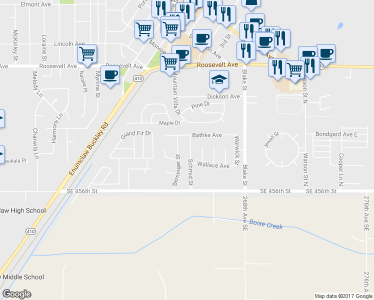 map of restaurants, bars, coffee shops, grocery stores, and more near 402 Schmid Street in Enumclaw
