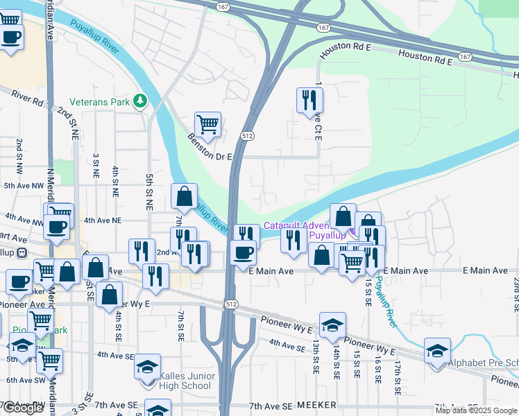 map of restaurants, bars, coffee shops, grocery stores, and more near 6804 112th Avenue East in Puyallup