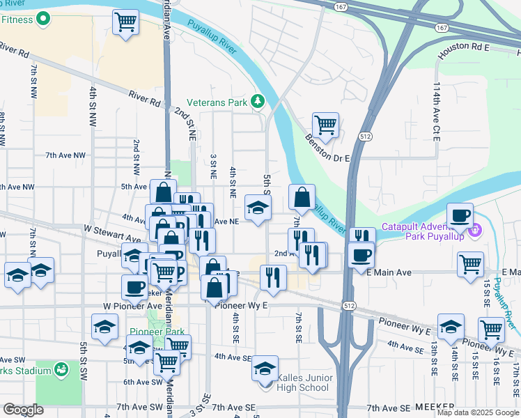 map of restaurants, bars, coffee shops, grocery stores, and more near 403 5th Street Northeast in Puyallup