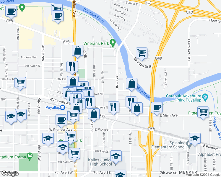 map of restaurants, bars, coffee shops, grocery stores, and more near 411 4th Avenue Northeast in Puyallup