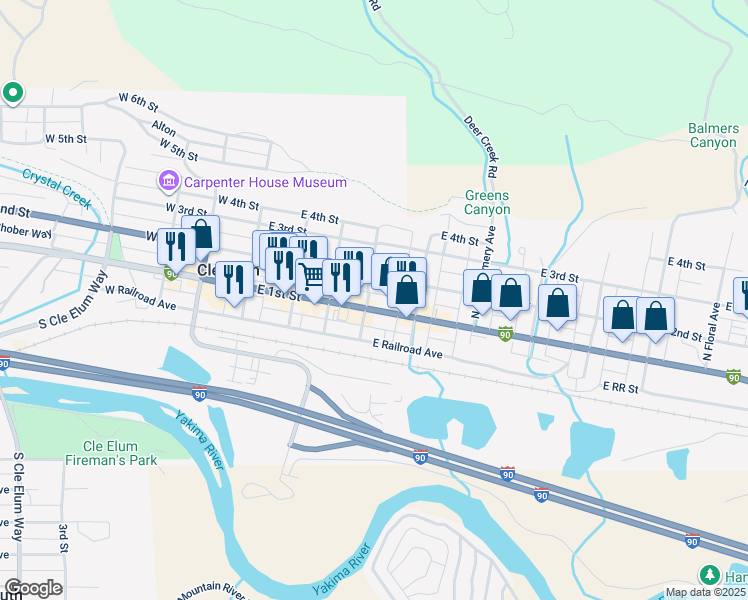 map of restaurants, bars, coffee shops, grocery stores, and more near 401 East 1st Street in Cle Elum