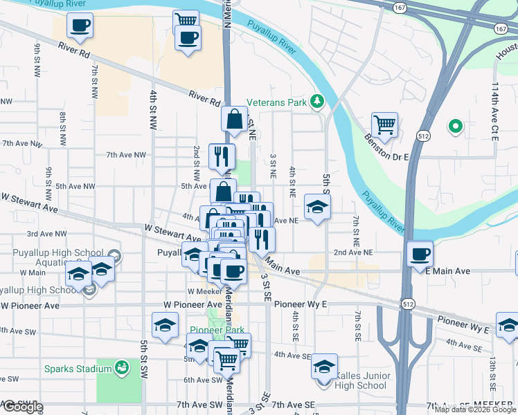 map of restaurants, bars, coffee shops, grocery stores, and more near 413 2nd Street Northeast in Puyallup
