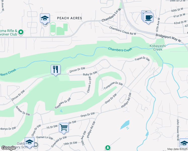 map of restaurants, bars, coffee shops, grocery stores, and more near 7508 Ruby Drive Southwest in Lakewood