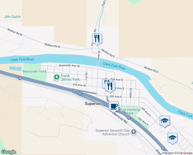 map of restaurants, bars, coffee shops, grocery stores, and more near 113 River Street in Superior