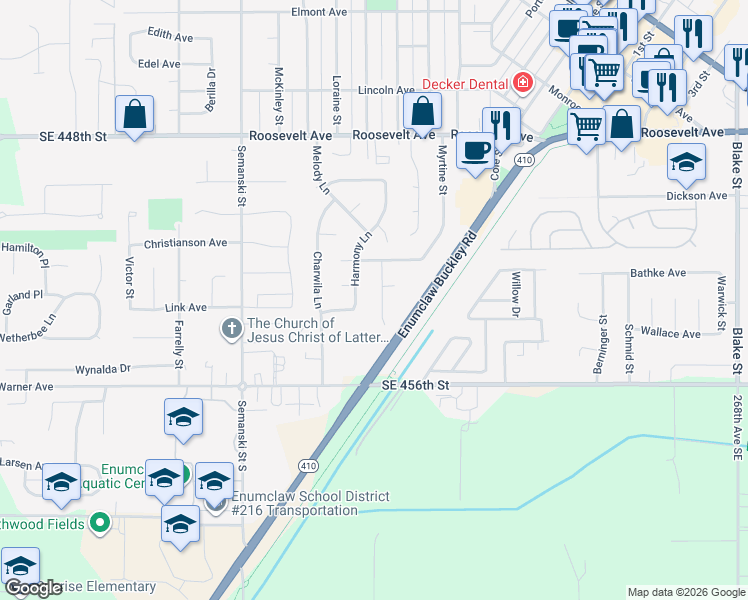 map of restaurants, bars, coffee shops, grocery stores, and more near 313 Johnson Street in Enumclaw