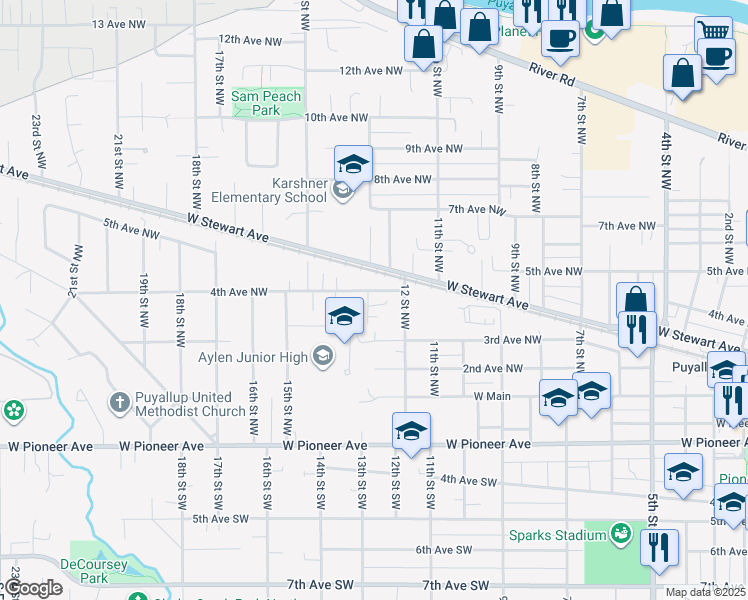 map of restaurants, bars, coffee shops, grocery stores, and more near 1312 4th Avenue Northwest in Puyallup