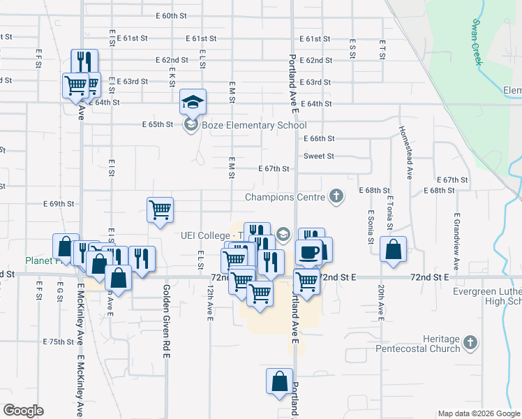 map of restaurants, bars, coffee shops, grocery stores, and more near 1402 East 69th Street in Tacoma