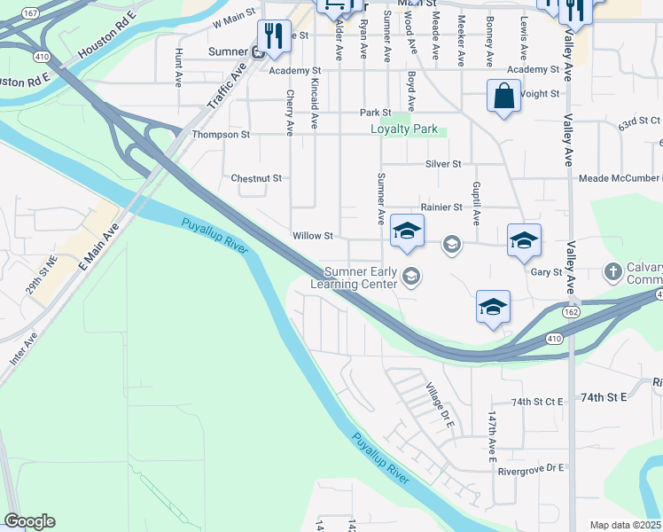 map of restaurants, bars, coffee shops, grocery stores, and more near 212 Alder Avenue in Sumner