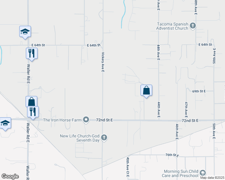 map of restaurants, bars, coffee shops, grocery stores, and more near 6817 Vickery Avenue East in Tacoma