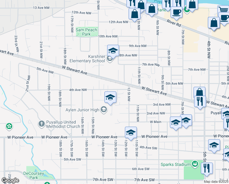 map of restaurants, bars, coffee shops, grocery stores, and more near 1312 4th Avenue Northwest in Puyallup