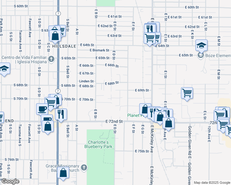 map of restaurants, bars, coffee shops, grocery stores, and more near 252 East 69th Street in Tacoma