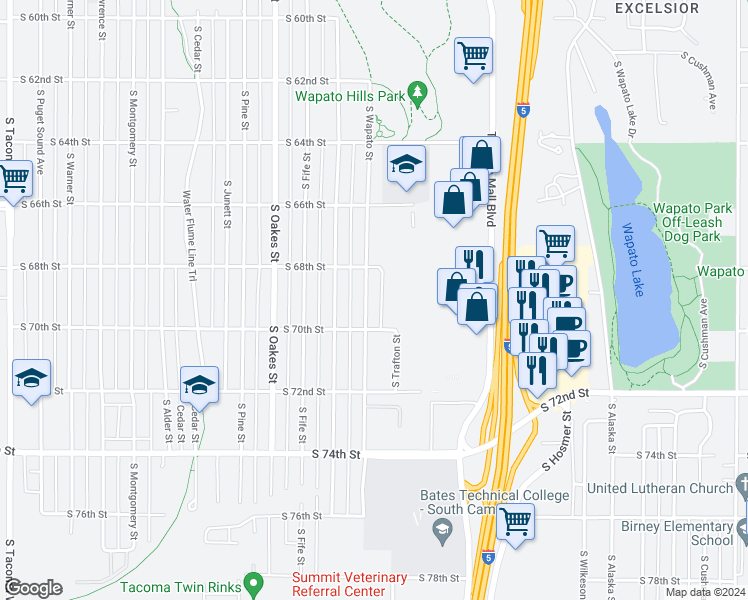 map of restaurants, bars, coffee shops, grocery stores, and more near 6825 South Wapato Street in Tacoma