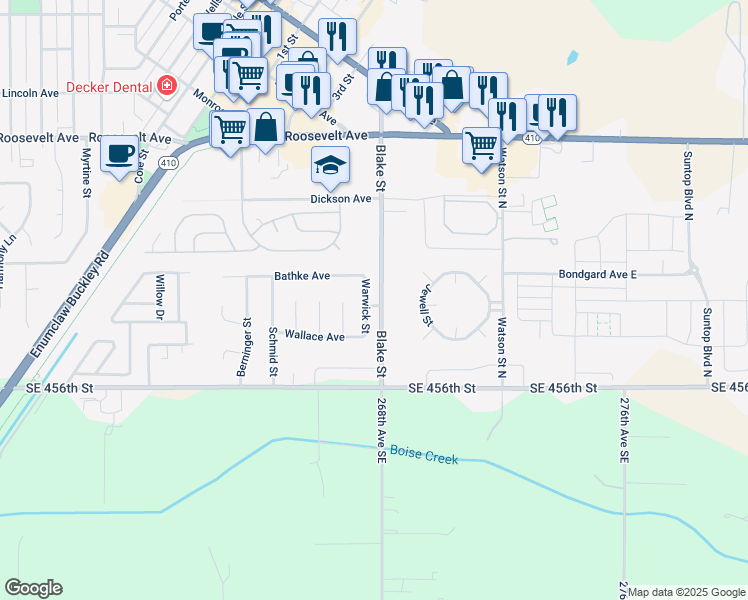 map of restaurants, bars, coffee shops, grocery stores, and more near 403 Warwick Street in Enumclaw