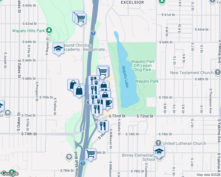 map of restaurants, bars, coffee shops, grocery stores, and more near 6828 South Alaska Street in Tacoma
