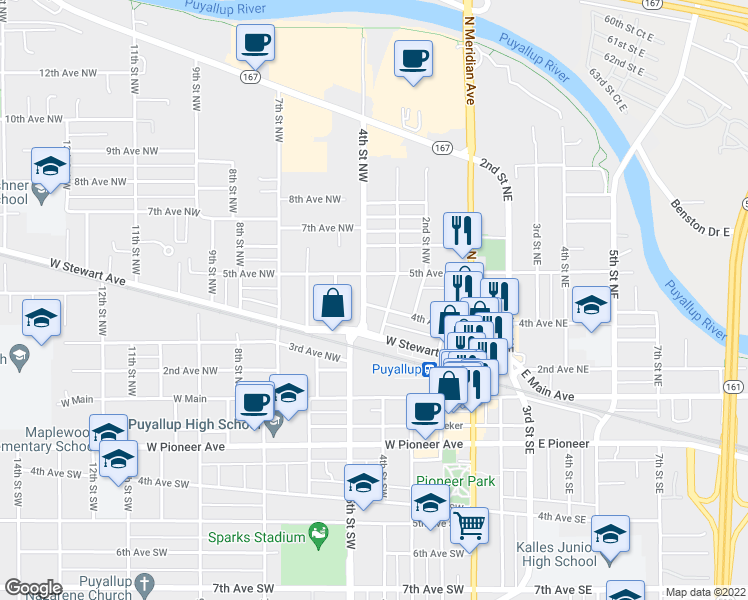 map of restaurants, bars, coffee shops, grocery stores, and more near 307 4th Avenue Northwest in Puyallup