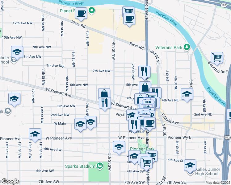 map of restaurants, bars, coffee shops, grocery stores, and more near 307 4th Avenue Northwest in Puyallup