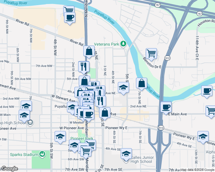 map of restaurants, bars, coffee shops, grocery stores, and more near 415 3rd Street Northeast in Puyallup