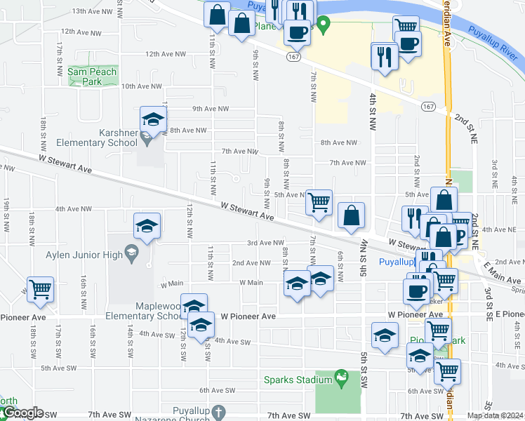 map of restaurants, bars, coffee shops, grocery stores, and more near 903 West Stewart Avenue in Puyallup