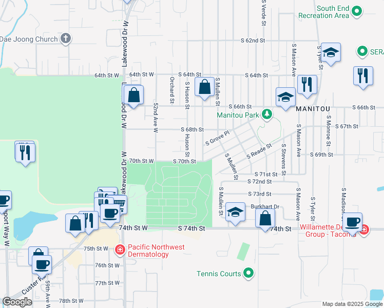 map of restaurants, bars, coffee shops, grocery stores, and more near 6840 Huson Street in Tacoma