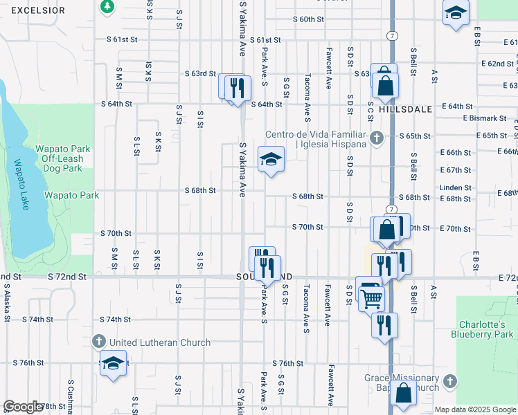 map of restaurants, bars, coffee shops, grocery stores, and more near 6830 South Park Avenue in Tacoma