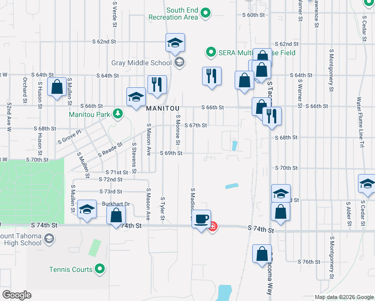 map of restaurants, bars, coffee shops, grocery stores, and more near 4003 South 69th Street in Tacoma