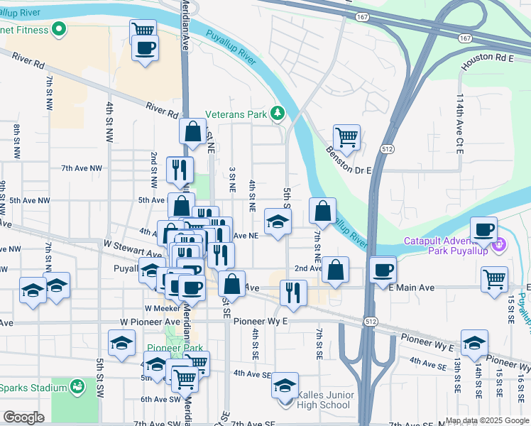 map of restaurants, bars, coffee shops, grocery stores, and more near 411 4th Avenue Northeast in Puyallup