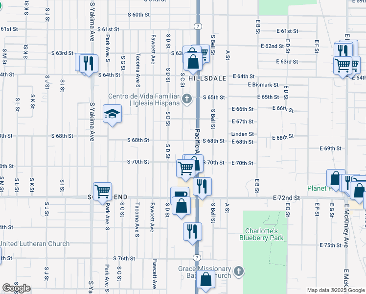 map of restaurants, bars, coffee shops, grocery stores, and more near 235 South 70th Street in Tacoma