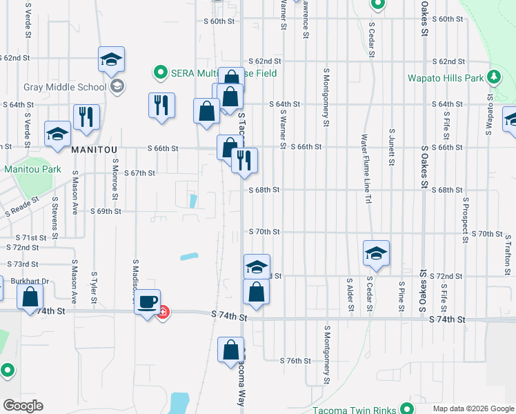 map of restaurants, bars, coffee shops, grocery stores, and more near 6828 South Puget Sound Avenue in Tacoma
