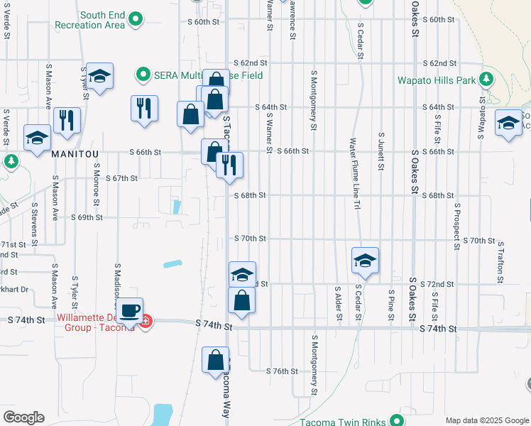map of restaurants, bars, coffee shops, grocery stores, and more near 6820 South Warner Street in Tacoma