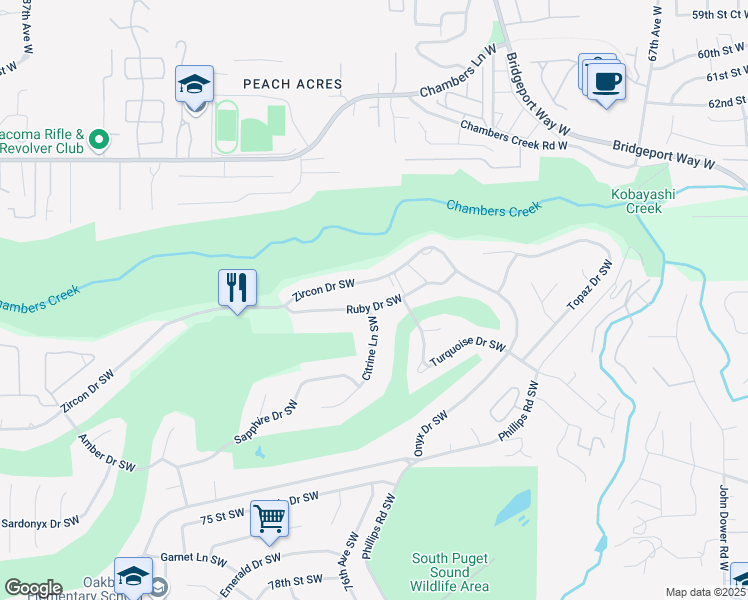 map of restaurants, bars, coffee shops, grocery stores, and more near 7501 Ruby Drive Southwest in Lakewood