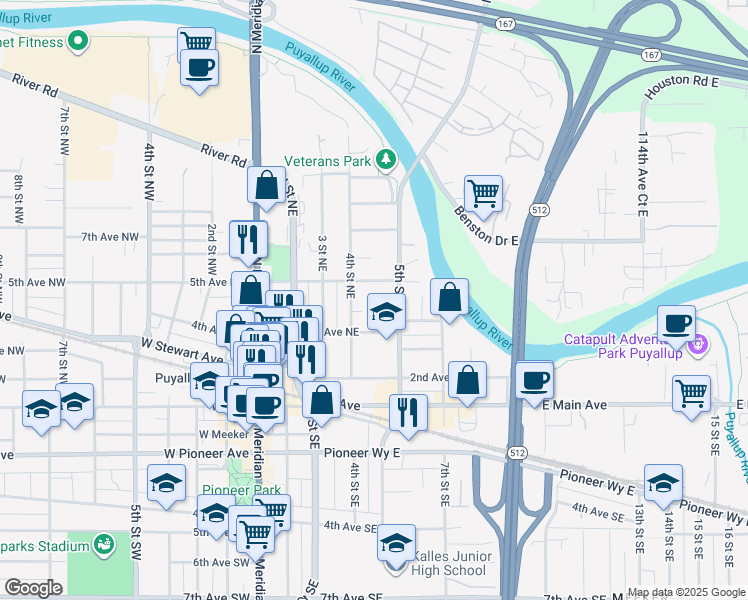 map of restaurants, bars, coffee shops, grocery stores, and more near 425 4th Street Northeast in Puyallup