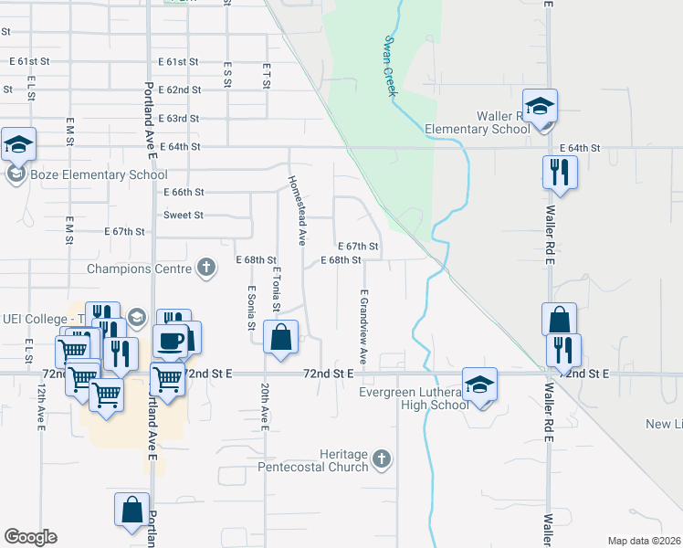map of restaurants, bars, coffee shops, grocery stores, and more near 6815 East Roosevelt Avenue in Tacoma