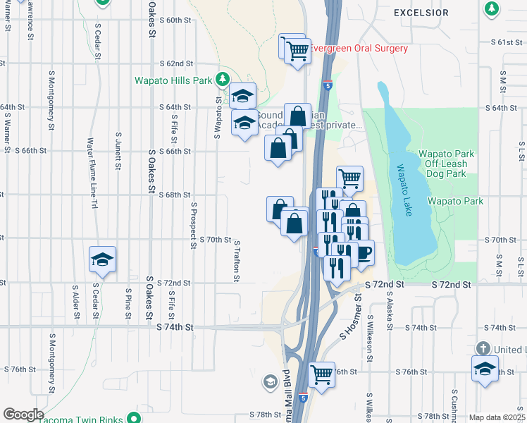map of restaurants, bars, coffee shops, grocery stores, and more near 6830 Tacoma Mall Boulevard in Tacoma