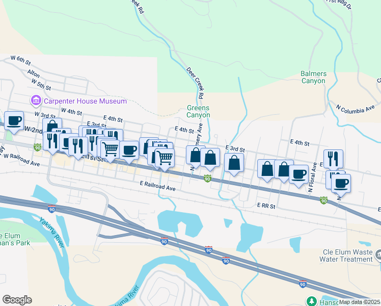 map of restaurants, bars, coffee shops, grocery stores, and more near 604 East 2nd Street in Cle Elum