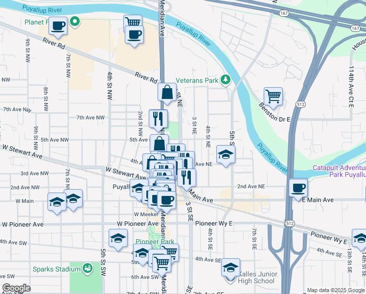 map of restaurants, bars, coffee shops, grocery stores, and more near 413 2nd Street Northeast in Puyallup