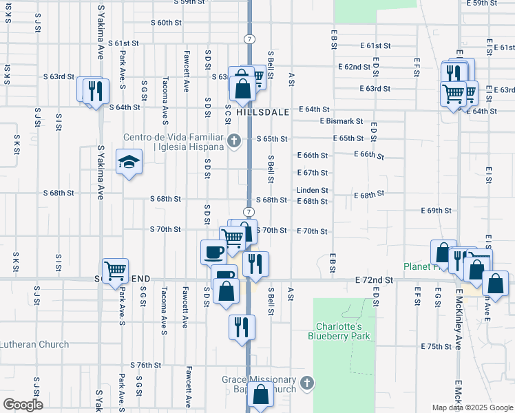 map of restaurants, bars, coffee shops, grocery stores, and more near 6819 Pacific Avenue in Tacoma
