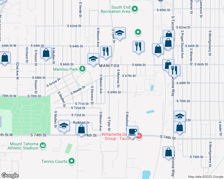 map of restaurants, bars, coffee shops, grocery stores, and more near 6906 South Tyler Street in Tacoma