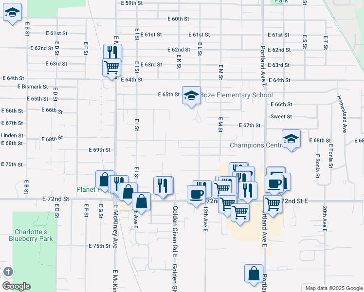 map of restaurants, bars, coffee shops, grocery stores, and more near 1108 East 69th Street in Tacoma