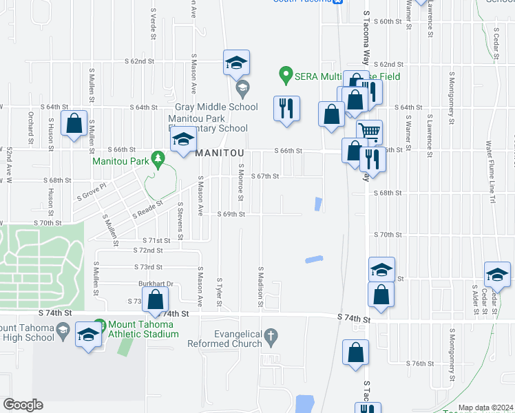 map of restaurants, bars, coffee shops, grocery stores, and more near 6738 South Madison Street in Tacoma