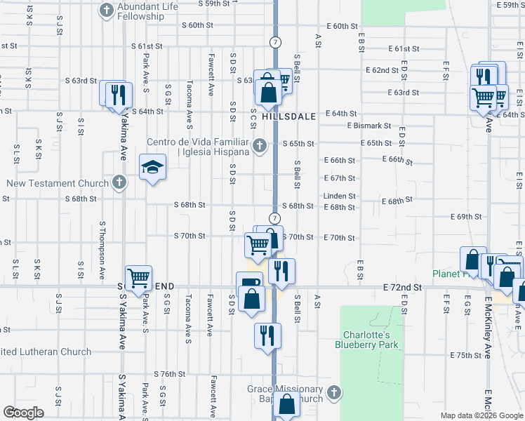 map of restaurants, bars, coffee shops, grocery stores, and more near 6822 Washington 7 in Tacoma