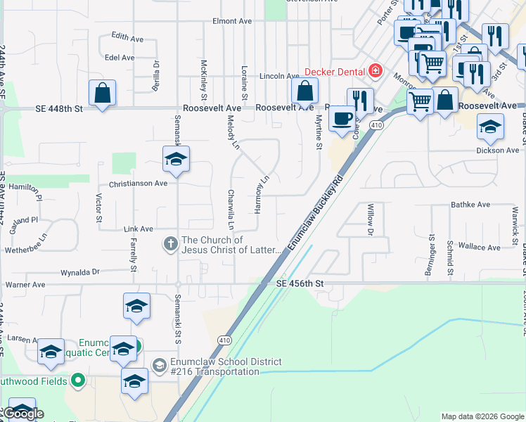 map of restaurants, bars, coffee shops, grocery stores, and more near 402 Harmony Lane in Enumclaw