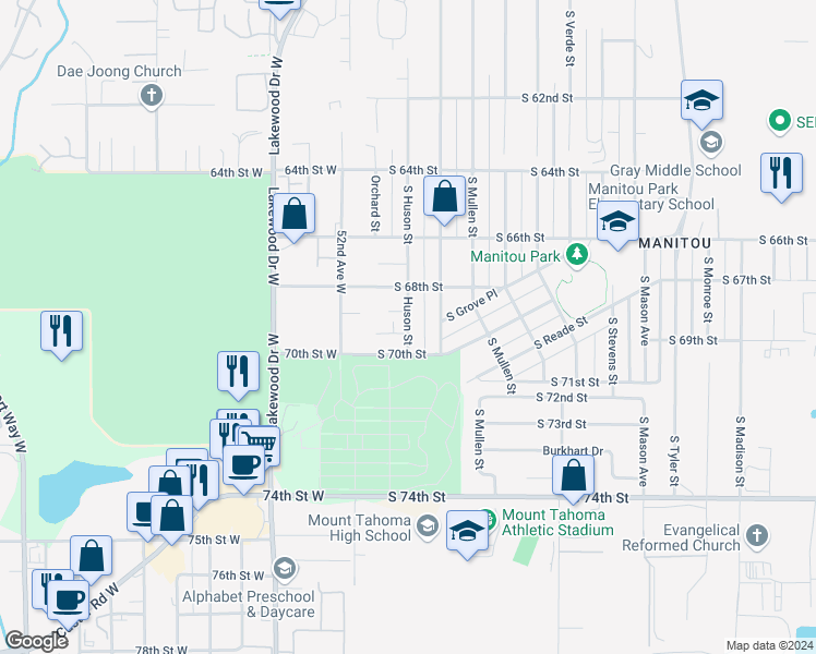 map of restaurants, bars, coffee shops, grocery stores, and more near 6840 Huson Street in Tacoma